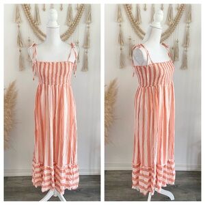 Forever 21 coral smocked maxi dress sleeveless tie strap striped ruffle medium